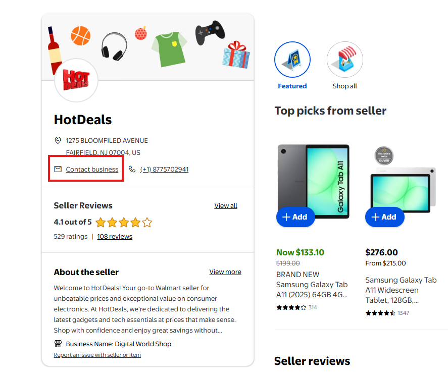 HotDeals storefront on Walmart with the Contact business link highlighted