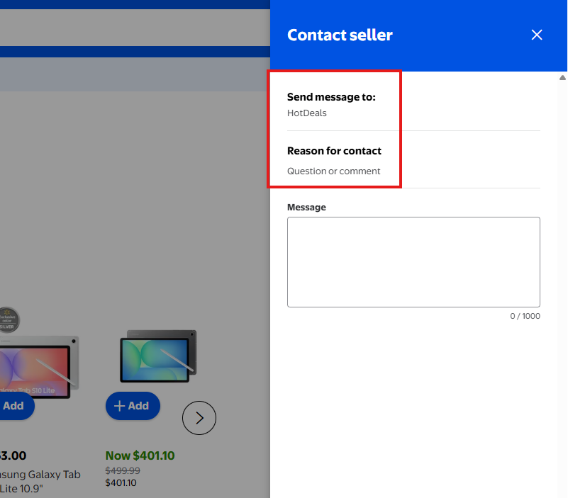 Walmart Contact seller panel with a message box
